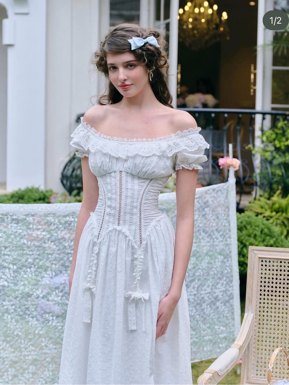 Off-Shoulder White Lace Corset Midi Dress